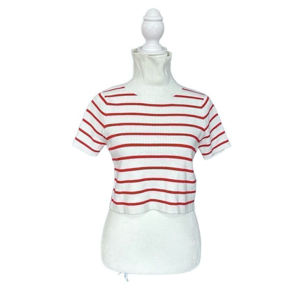 Callahan Lucy Red & White Stripe Turtleneck Short Sleeve Cropped Sweater Size XS